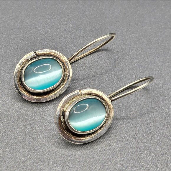 SEZGIN Sterling Silver Drop Earrings 1" Blue Cat’s Eye Signed 925 Oval 4.35g - Picture 12 of 12